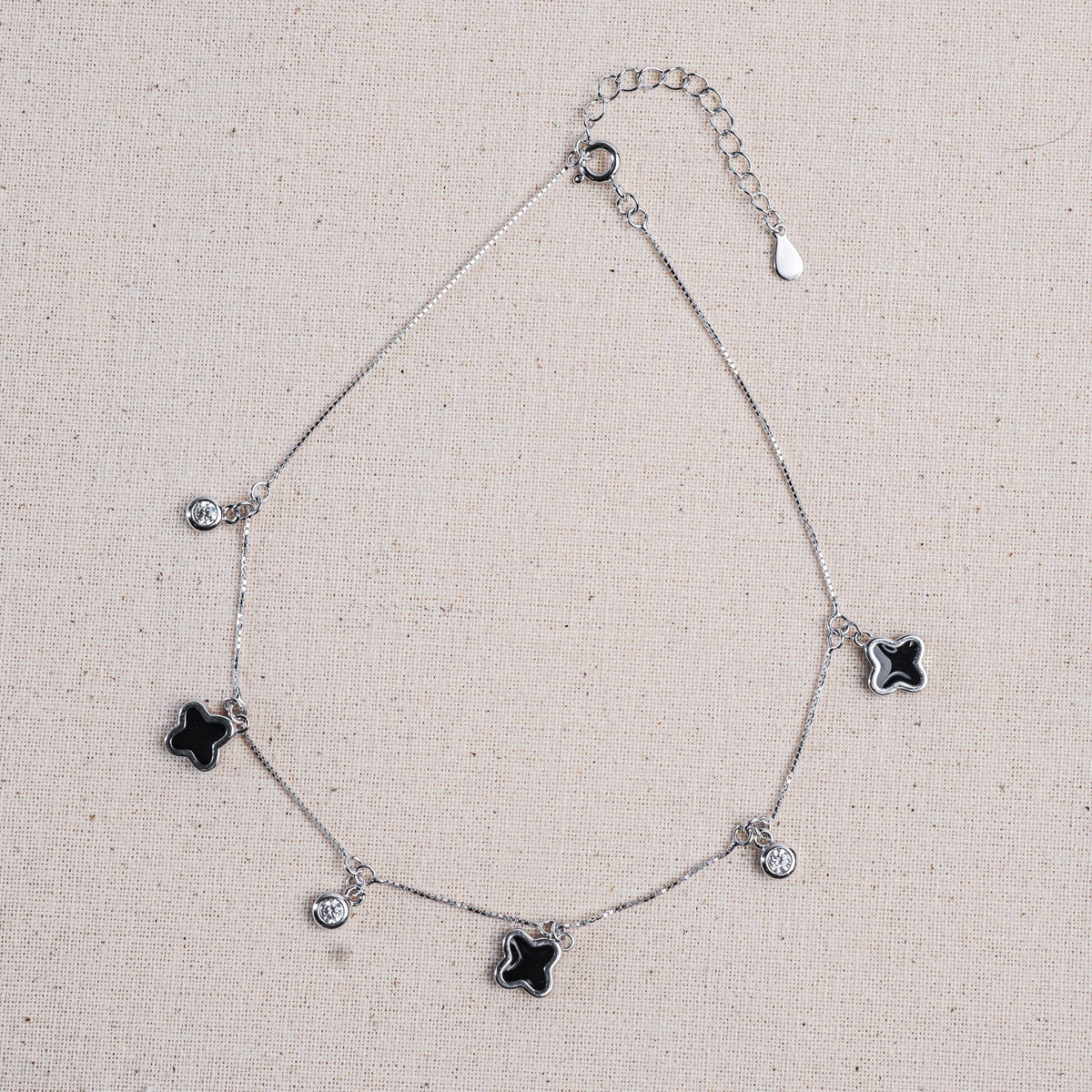 925 Sterling Silver Midnight Clover Leaf Anklet