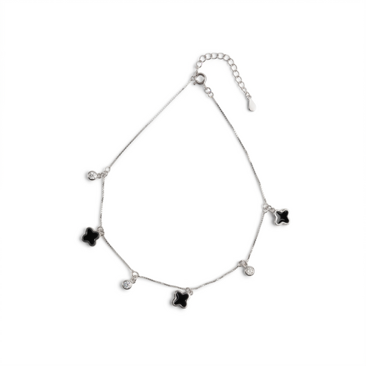 Silver Midnight Clover Leaf Anklet