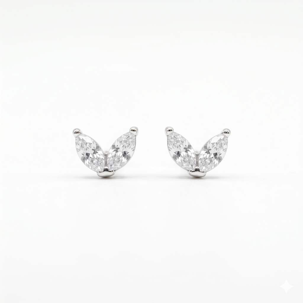 Silver White Twin Leaf Mini Studs Earring