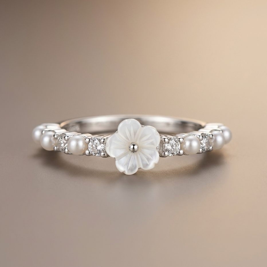 Silver Ivory Bloom Pearl Ring