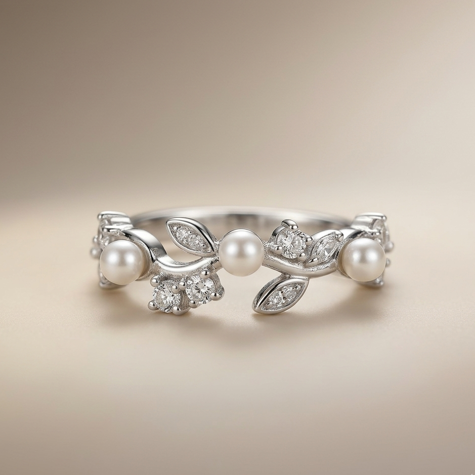Silver Radiant Pearl Leaf Ring