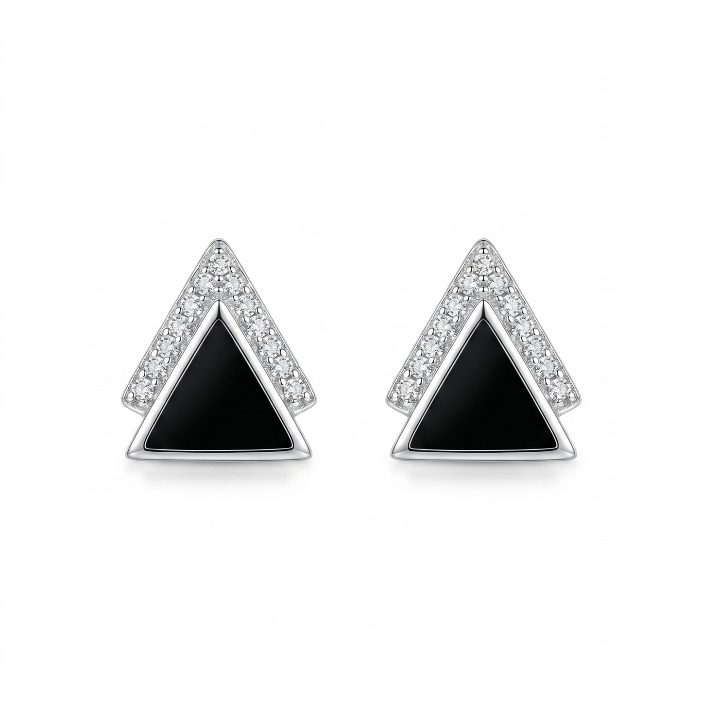 Silver Black Geometric Triangle Stud Earrings