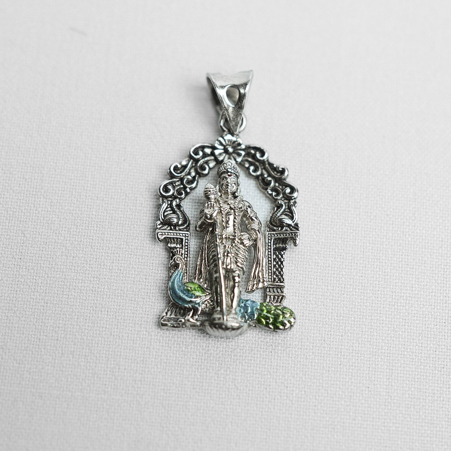 Silver Temple Style Enamel Peacock Murugan Pendant