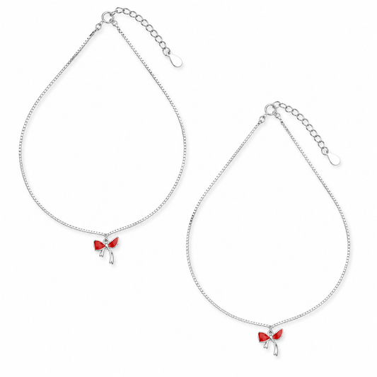 Silver Romantic Red Bow Anklet