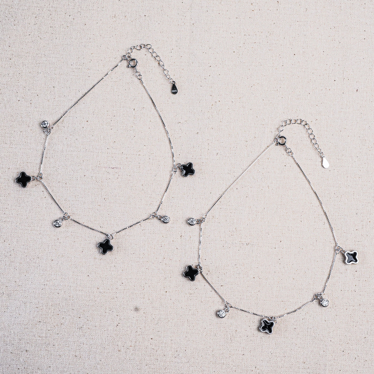 925 Sterling Silver Midnight Clover Leaf Anklet