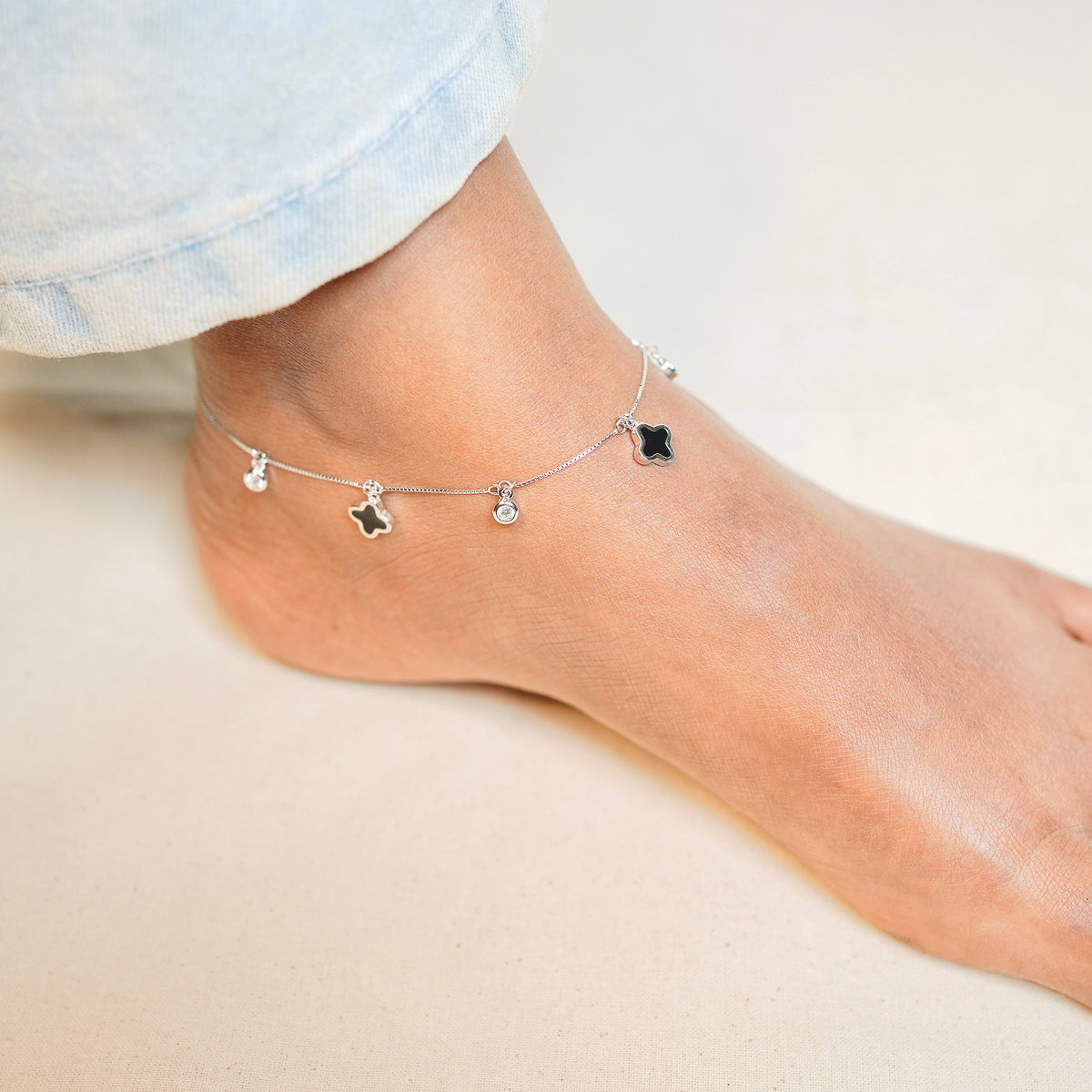 925 Sterling Silver Midnight Clover Leaf Anklet