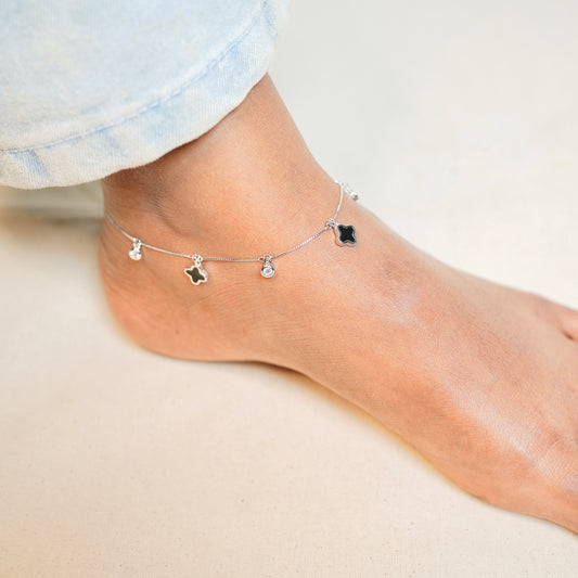 Silver Midnight Clover Leaf Anklet