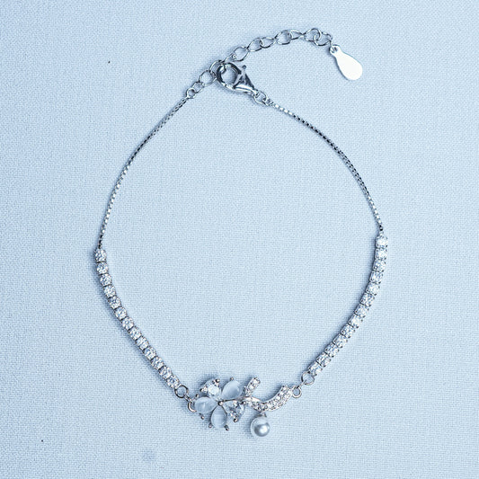 Silver Floral Pearl Bloom Women Chain Bracelet