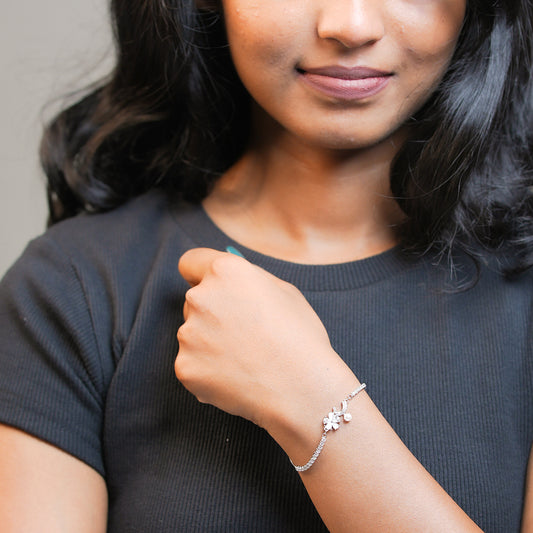 Silver Floral Pearl Bloom Women Chain Bracelet