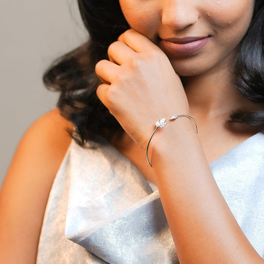 Silver Blooming Leaf Women Cuff Bracelet