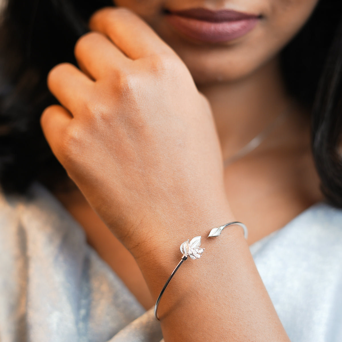 925 Sterling Silver Blooming Leaf Women Cuff Bracelet