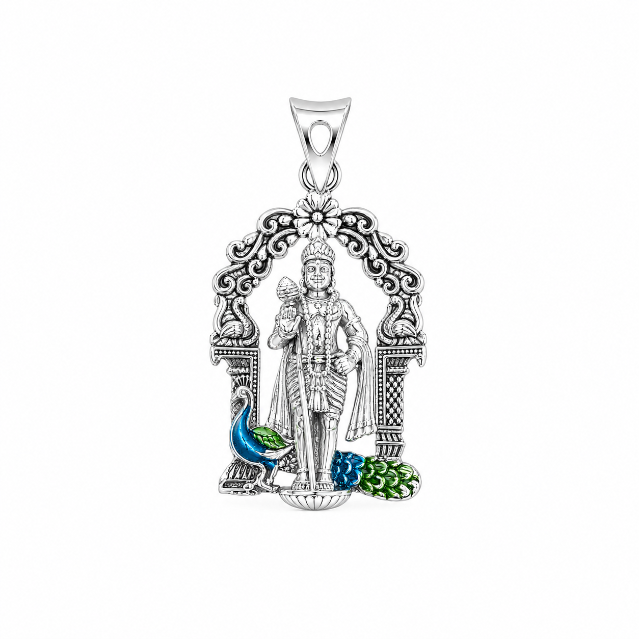 Silver Temple Style Enamel Peacock Murugan Pendant (Without Chain)
