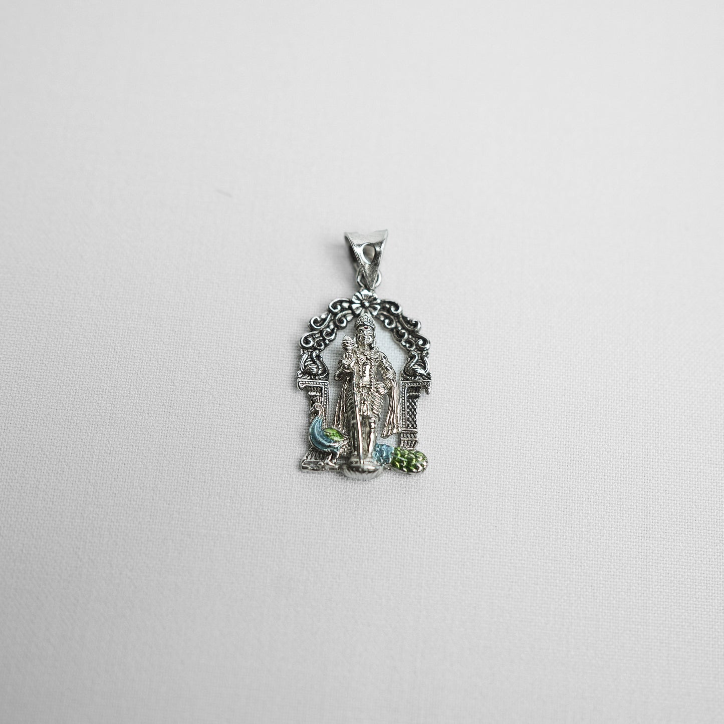Silver Temple Style Enamel Peacock Murugan Pendant (Without Chain)