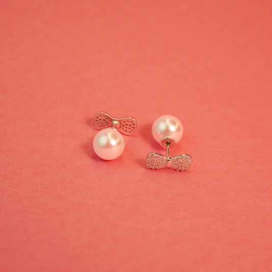 925 Sterling Silver Two-Way Bow Pearl Stud Earring