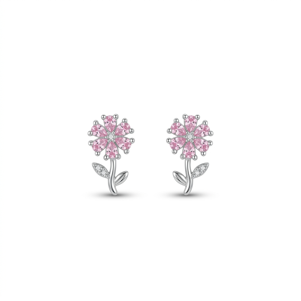 Pair of flower-shaped earrings with pink centers on a white background