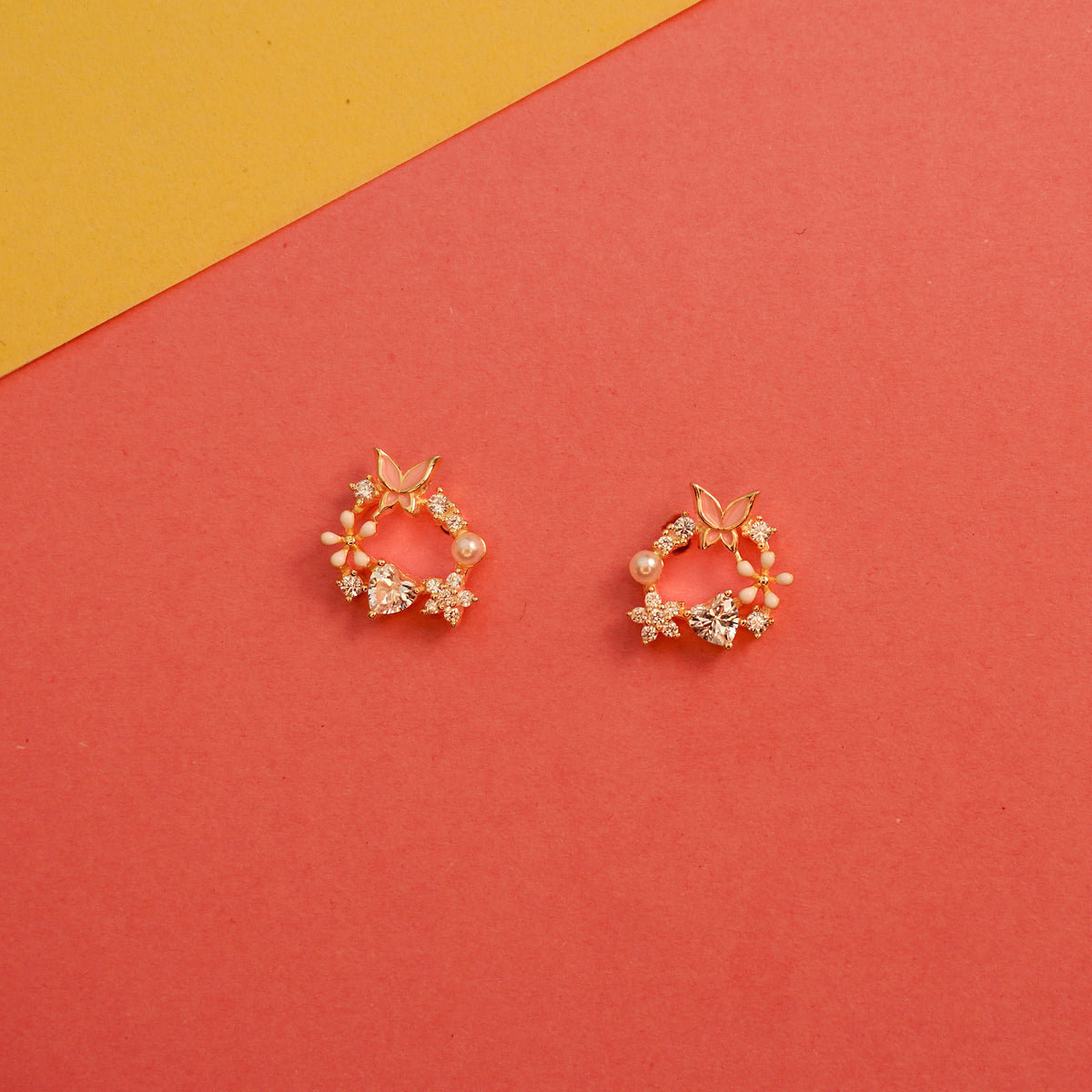925 Sterling Silver Gold Polish Butterfly Floral Wreath Stud Earring