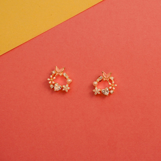 925 Sterling Silver Gold Polish Butterfly Floral Wreath Stud Earring
