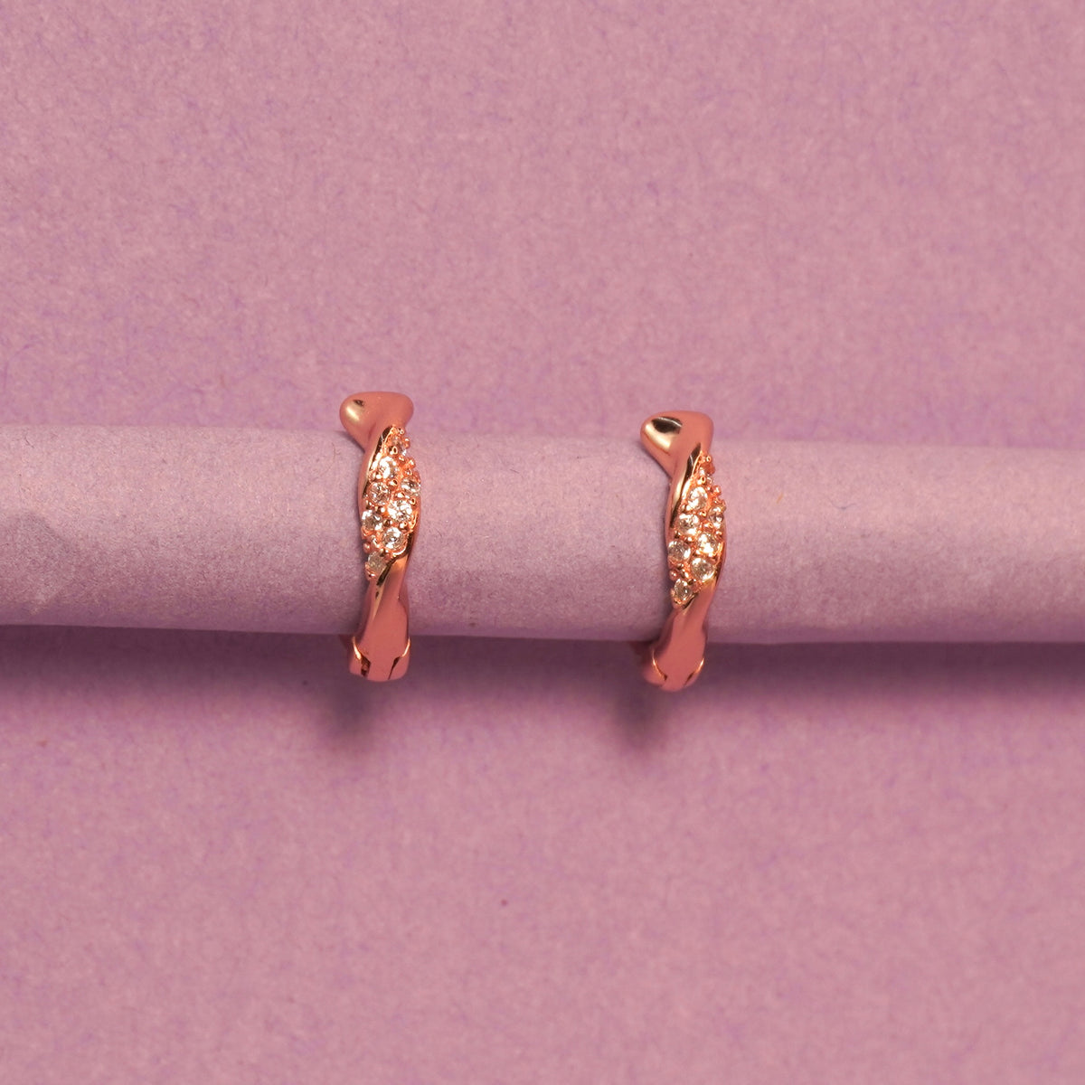 925 Sterling Silver Single Twisted & Stones Rosegold plated Women Hoop Earrings