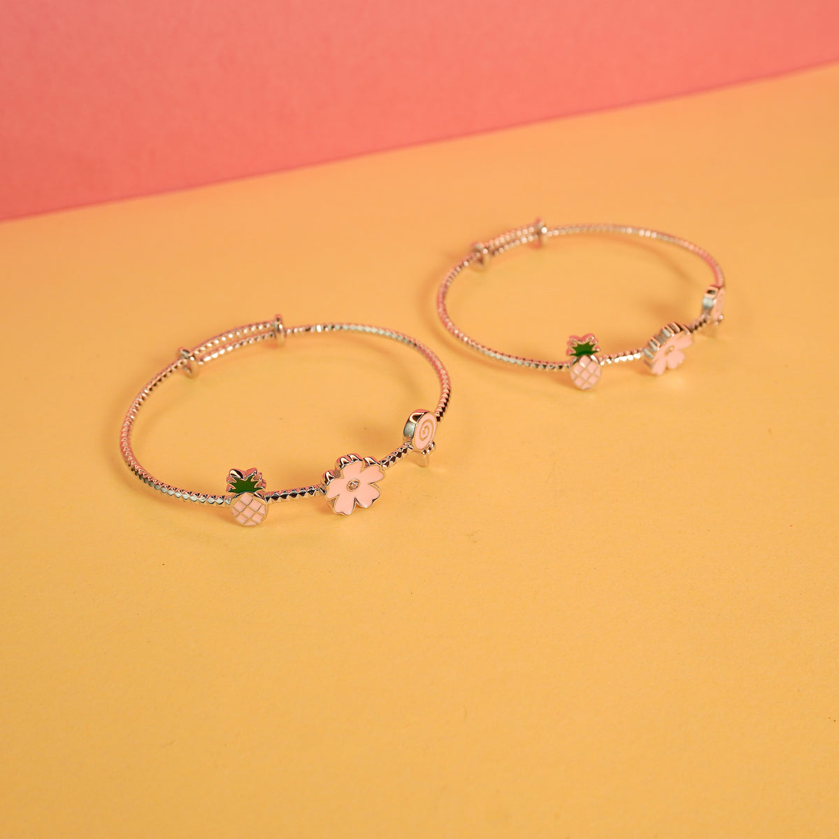 925 Sterling Silver cute pineapple, flowers, lolipop Kids Bangle