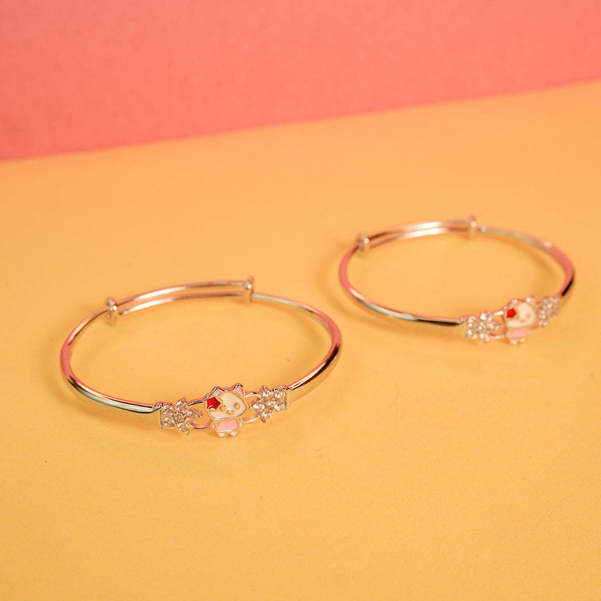925 Sterling Silver Pink Kitty with White Stone Kids Bangle