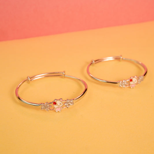 925 Sterling Silver Pink Kitty with White Stone Kids Bangle