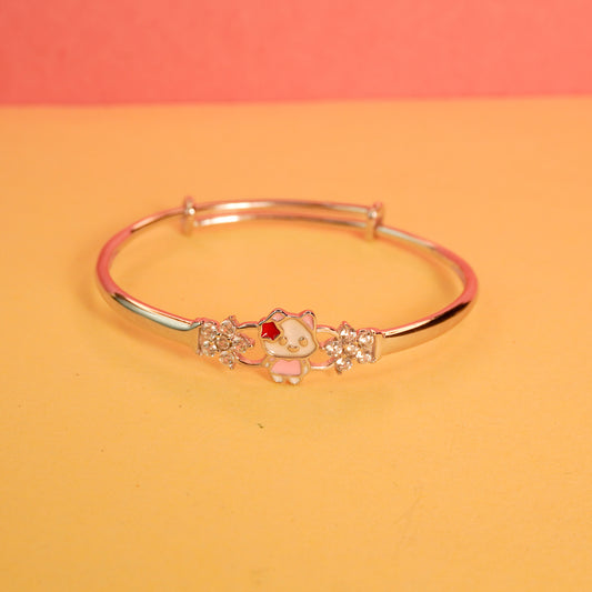 925 Sterling Silver Pink Kitty with White Stone Kids Bangle