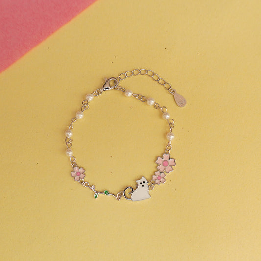 925 Sterling Silver Sakura Cat Charm Bracelet