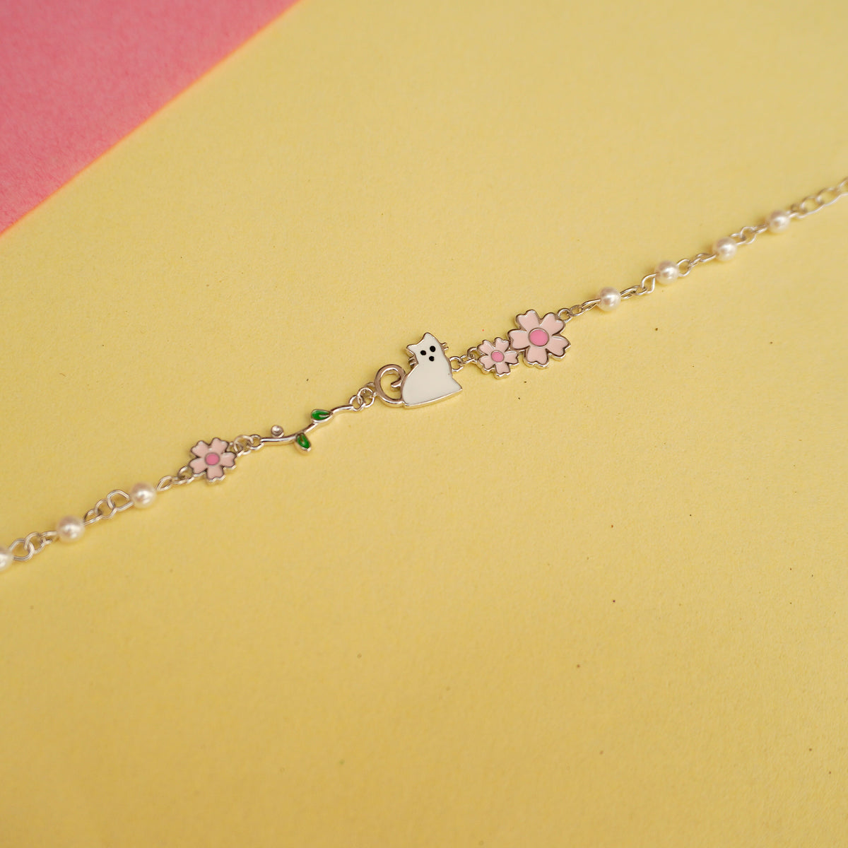 925 Sterling Silver Sakura Cat Charm Bracelet