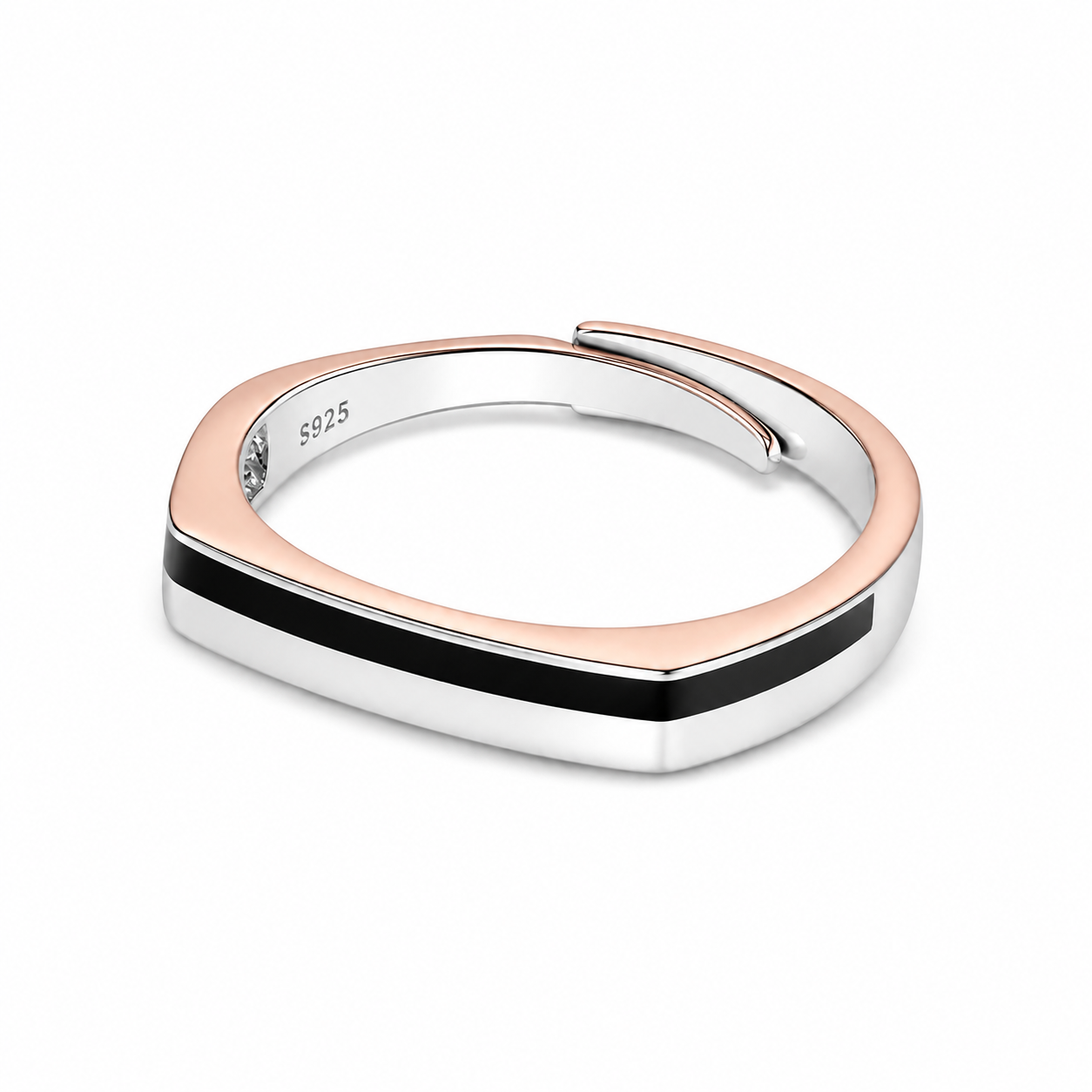 Silver Structured Square Men's Rose Gold Ring