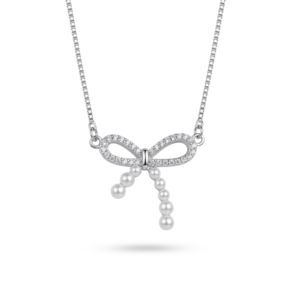 Silver Luxe Bow Pearl Pendant Chain