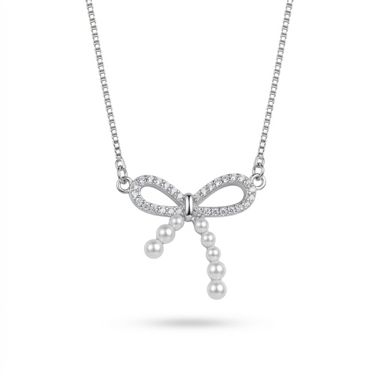 925 Sterling Silver Luxe Bow Pearl Women Pendant Chain