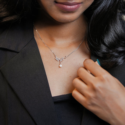 925 Sterling Silver Leaf Pearl Women Pendant Chain