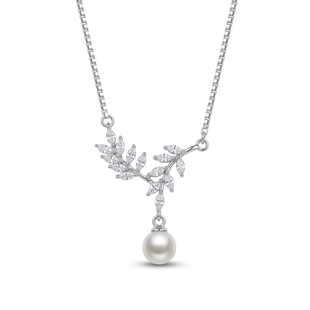 Silver Leaf Pearl Pendant Chain