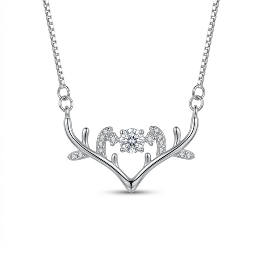Silver necklace with antler design and central gemstone on a white background