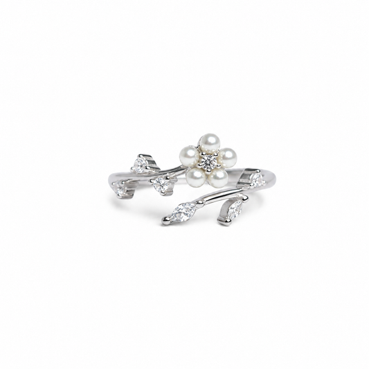 Silver Pearl Floral Aura Ring