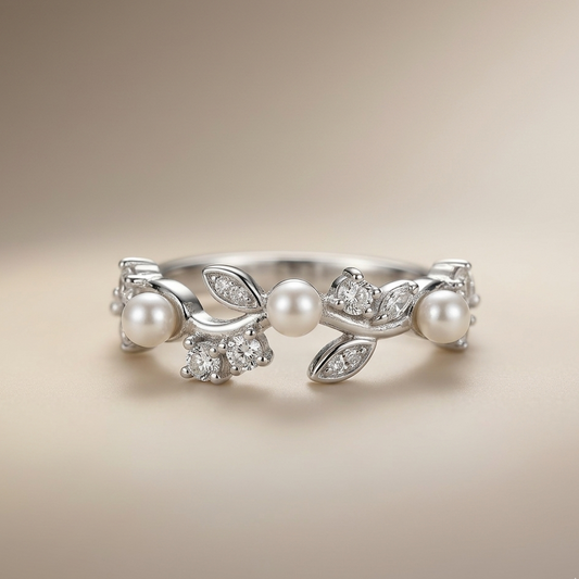 Silver Radiant Pearl Leaf Ring