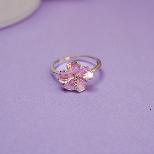 925 Sterling Silver Pink Enamel Flower Ring