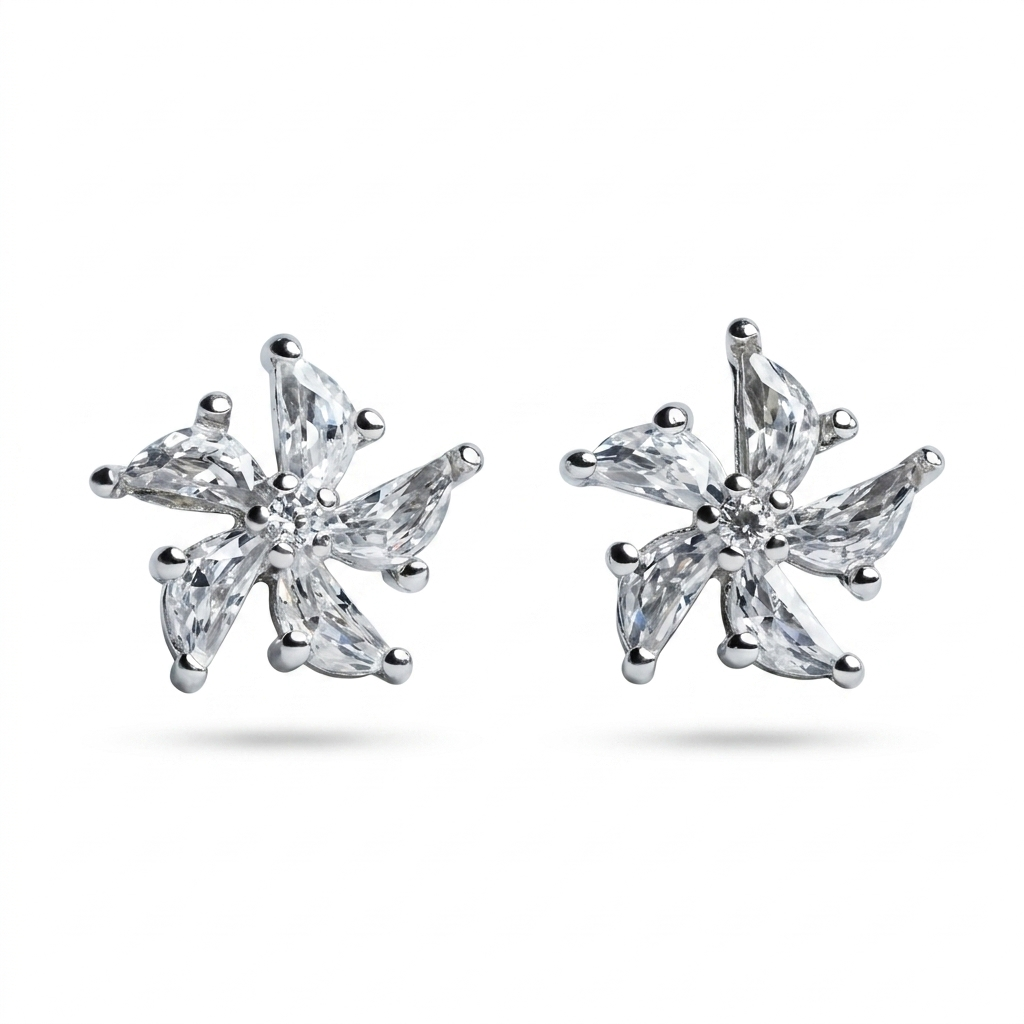 Silver White Leaf Floral Stud Earrings
