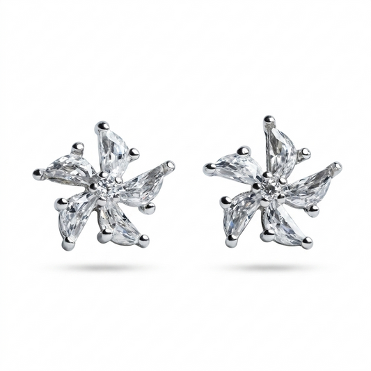 Silver White Leaf Floral Stud Earrings