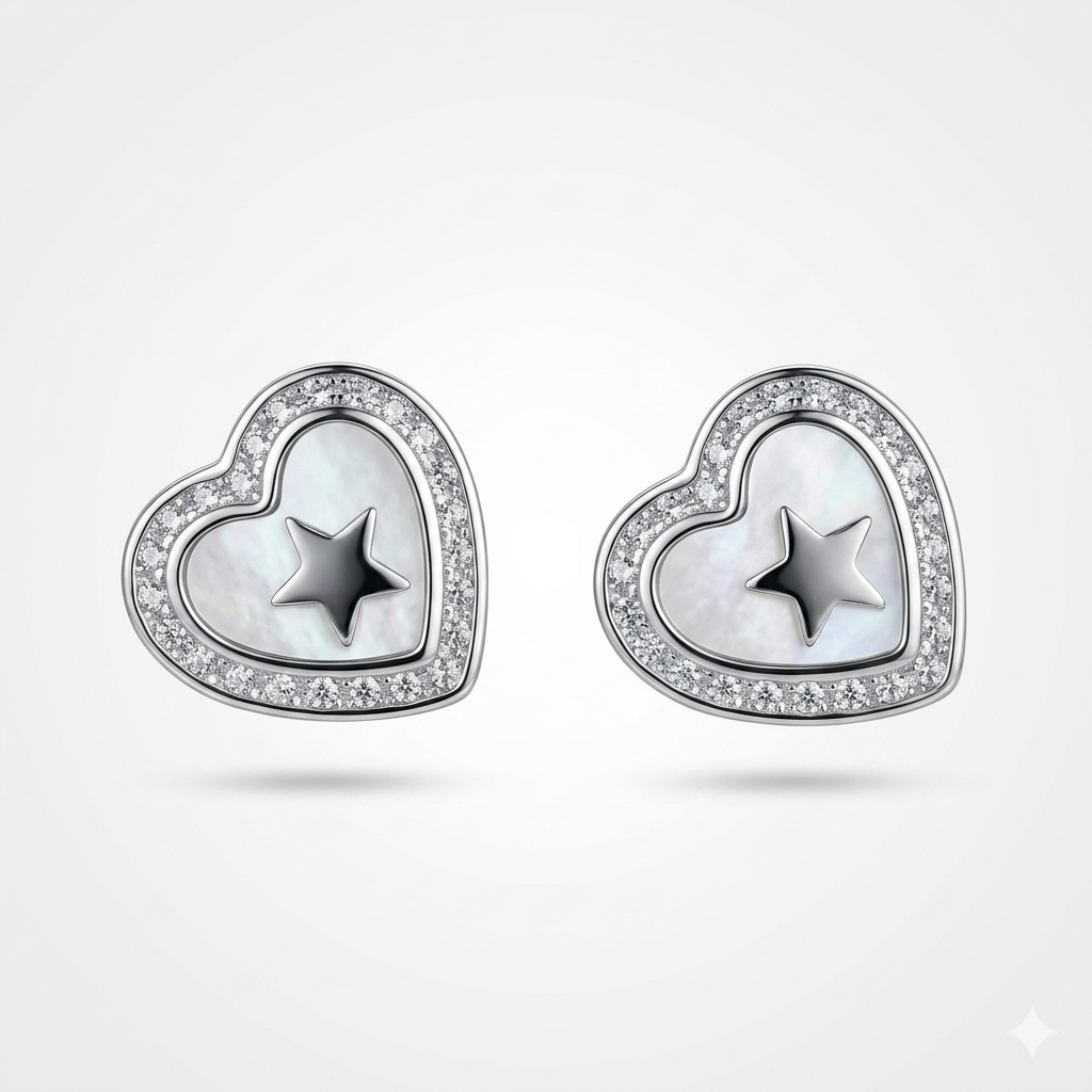 Silver Heart Star Charm Stud Earrings