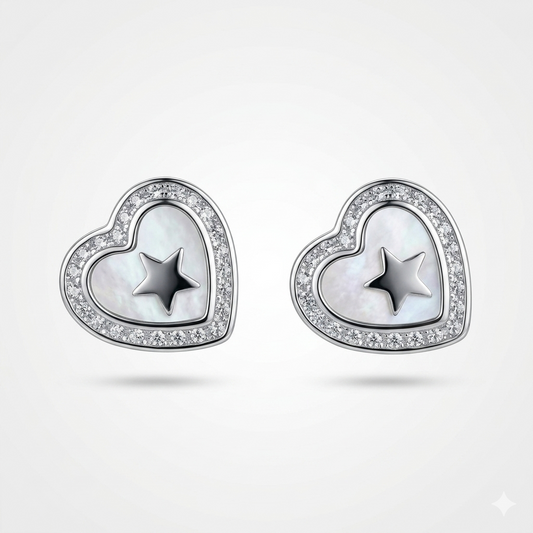 Silver Heart Star Charm Stud Earrings