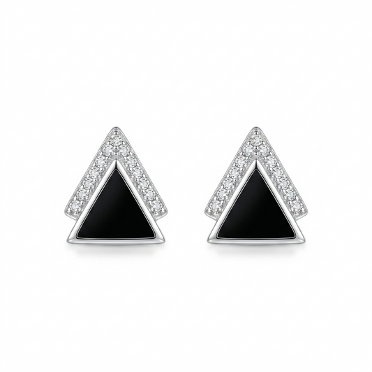 Silver Black Geometric Triangle Stud Earrings